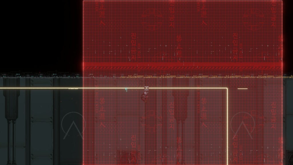 main character hanging onto a hook in a red grid