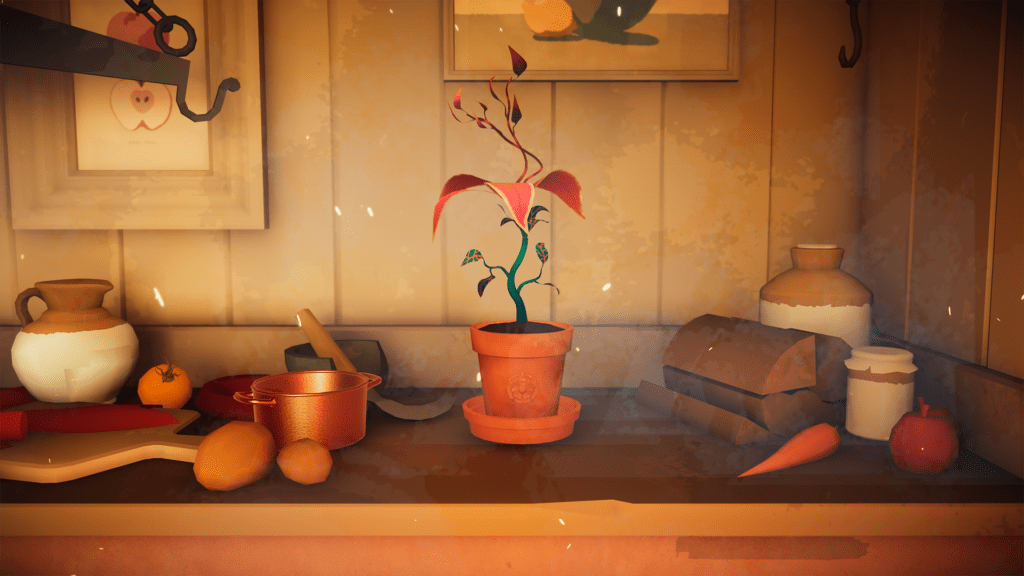 A red, leafy potted plant sat on a kitchen counter. It is surrounded by food items and utensils, such as potatoes, a carrot, an apple and a chopping board.