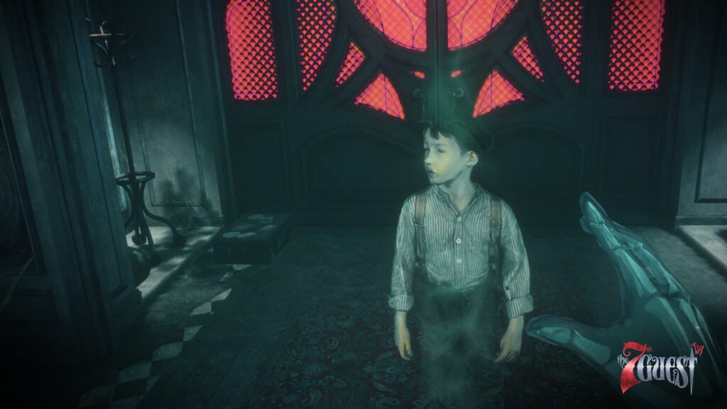 A young boy, in ghostly form stands in front of you in his striped shirt, suspenders, and worn pants. He looks distraught as he gazes into the distance.